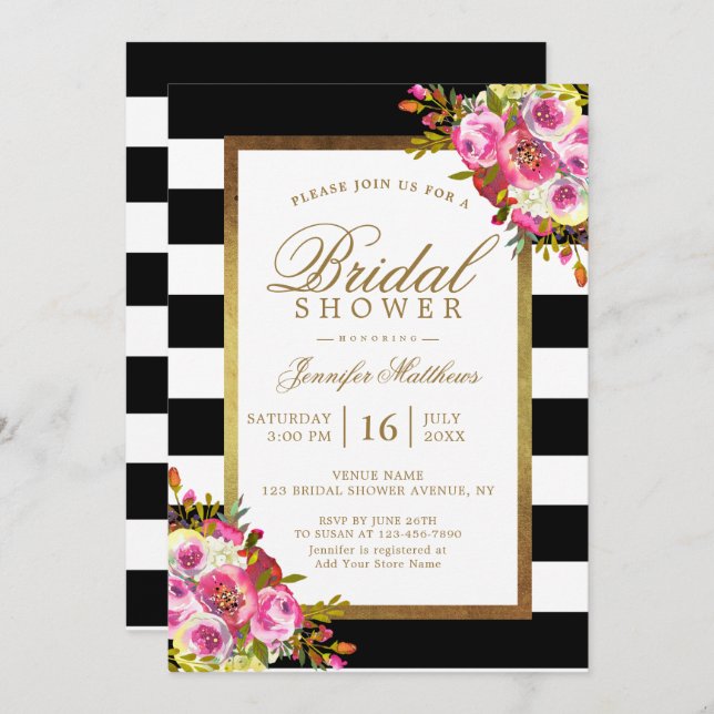 Invitation Fête de l'mariée Floral Chic Gold Black White Stri (Devant / Derrière)