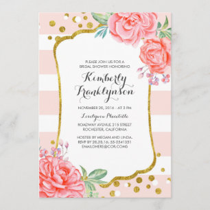 Invitation Fête de l'mariée Floral Pink Stripes Gold Confetti