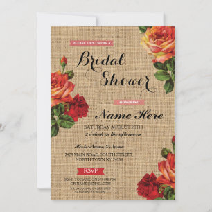 Invitation Fête de l'mariée Floral Red Roses Burlap Invitatio