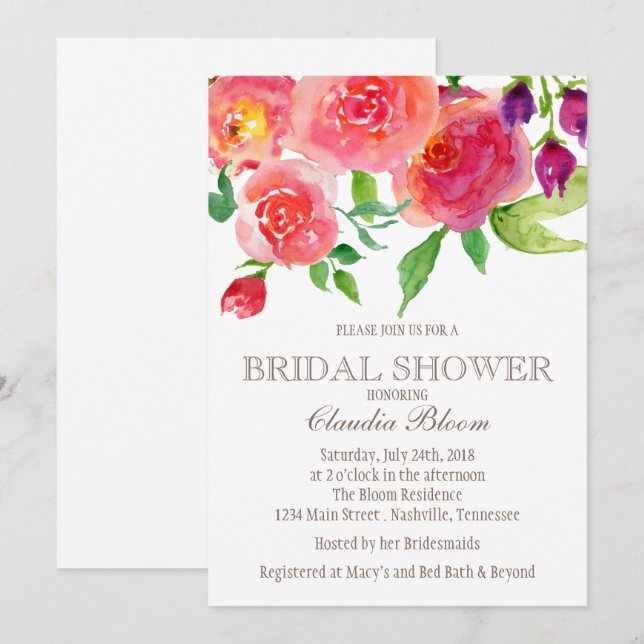 Invitation Fête de l'mariée florale d'aquarelle gras (Devant / Derrière)