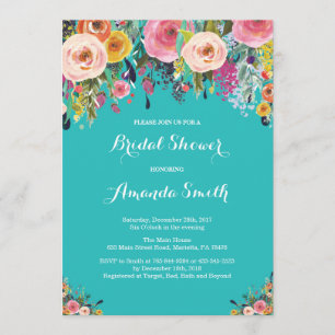 Invitation Fête de l'mariée Florale Fleurie Aqua Turquoise Tu