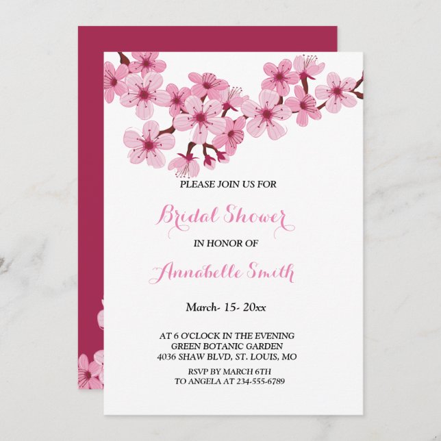 Invitation FÊTE DE L'MARIÉE florale rose cerisier en fleurs (Devant / Derrière)