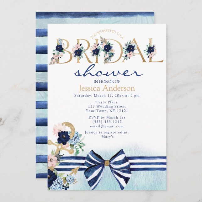 Invitation Fête de l'mariée florale royale bleue et or (Devant / Derrière)