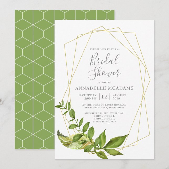 Invitation Fête de l'mariée géométrique des Feuilles de prair (Devant / Derrière)