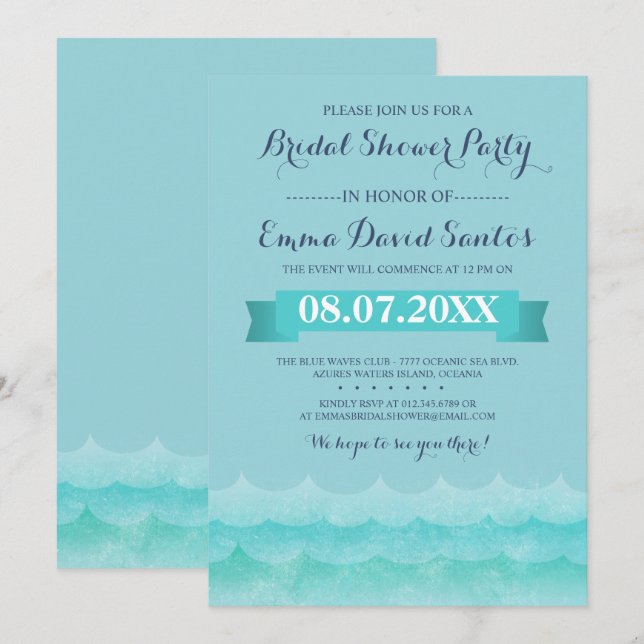 Invitation Fête de l'mariée marine bleue Pastel (Devant / Derrière)