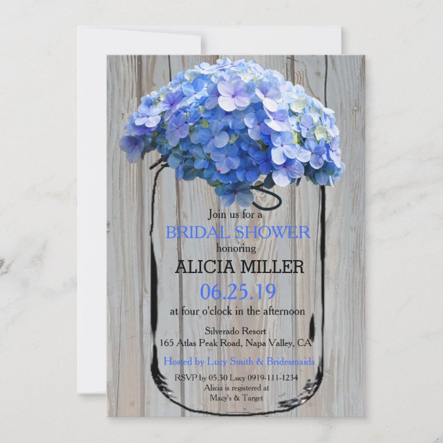 Invitation Fête de l'mariée Mason Jar Barnwood Blue Hydrangea (Devant)