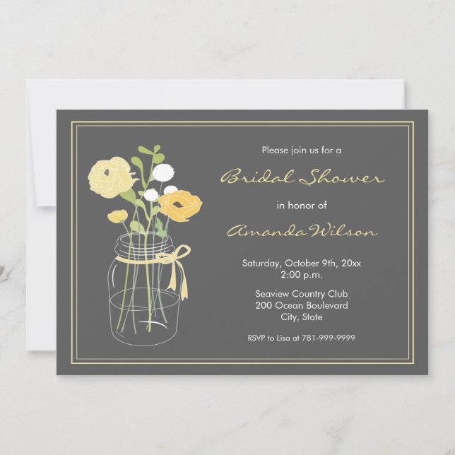 Invitation Fête de l'mariée Mason Jar gris et jaune rustique (Devant)