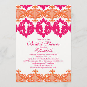 Invitation Fête de l'mariée moderne Fuchsia & Orange Damask