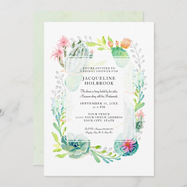 Invitation Fête de l'mariée moderne Watercolor Desert Cactus  (Devant / Derrière)