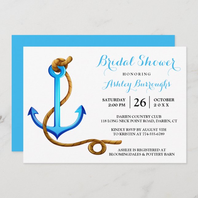 Invitation Fête de l'mariée nautique Ancre bleu turquoise (Devant / Derrière)