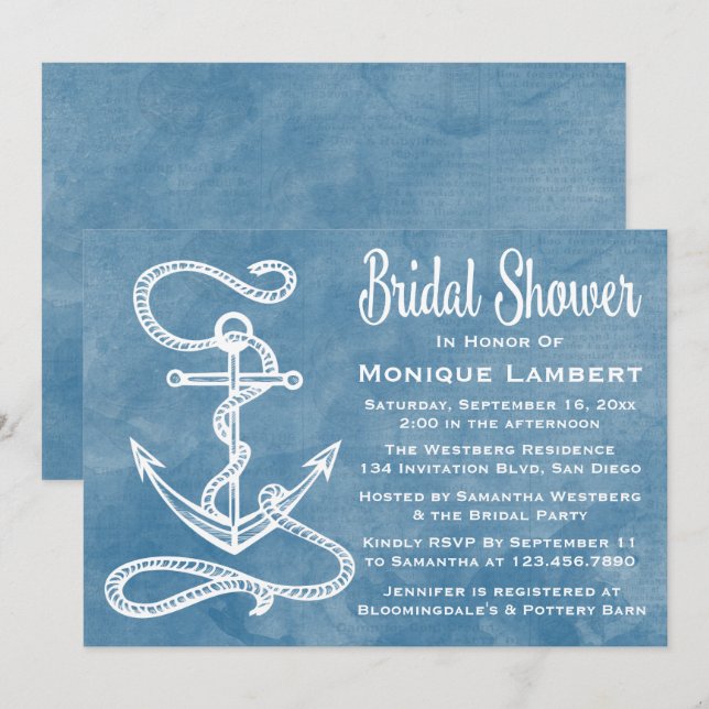 Invitation Fête de l'mariée nautique Ancre d'eau bleu  (Devant / Derrière)