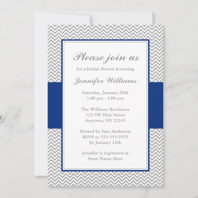 Invitation Fête de l'mariée Navy Blue and Grey Chevron (Devant)
