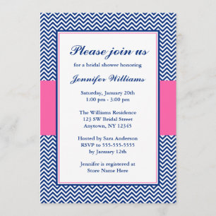 Invitation Fête de l'mariée Navy Blue and Pink Chevron