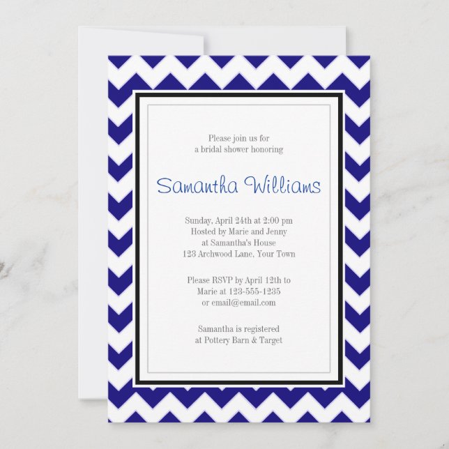 Invitation Fête de l'mariée Navy Blue & White Chevron (Devant)