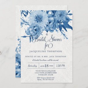 Invitation Fête de l'mariée Navy Blue White Chintz Damask Flo