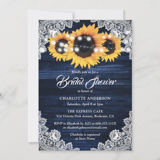 Invitation Fête de l'mariée Navy Blue Wood et Lace Sunflower (Devant)