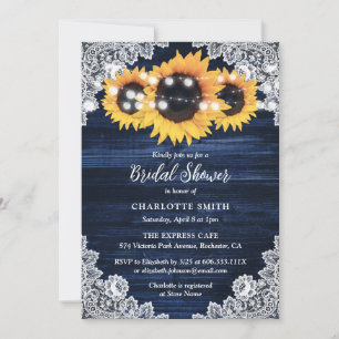 Invitation Fête de l'mariée Navy Blue Wood et Lace Sunflower
