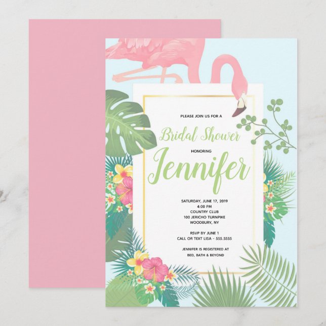 Invitation Fête de l'mariée Pink Flamant rose Palm Tree (Devant / Derrière)