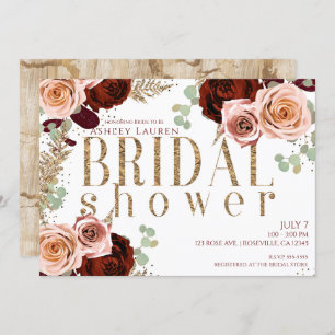 Invitation Fête de l'mariée Rose de Bourgogne blanche rose or