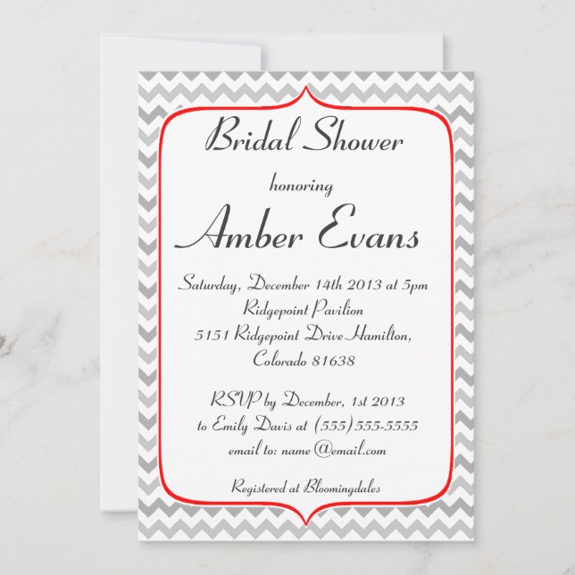Invitation Fête de l'mariée rouge et gris de Chevron (Devant)