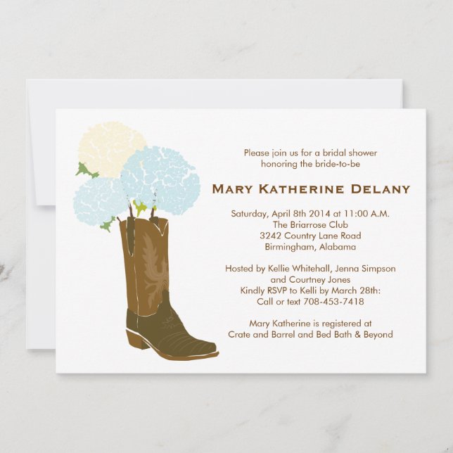 Invitation Fête de l'mariée Rustic Hydrangea Cowboy Boot Invi (Devant)