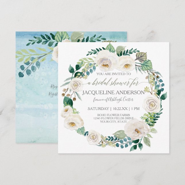 Invitation Fête de l'mariée Sky Blue Alabaster Rose feuille d (Devant / Derrière)