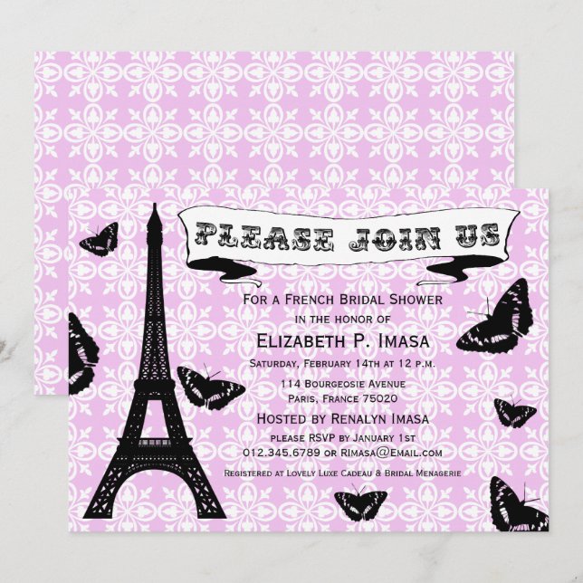 Invitation Fête de l'mariée Tour Eiffel rose et noir Invitati (Devant / Derrière)