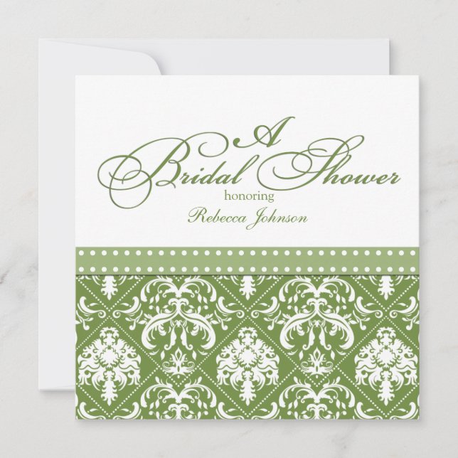 Invitation Fête de l'mariée vert d'olive et blanc de Damas (Devant)