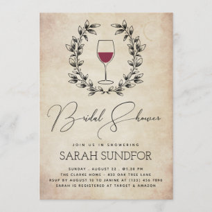 Invitation Fête de l'mariée Vintage Red Wine & Laurel Wreath