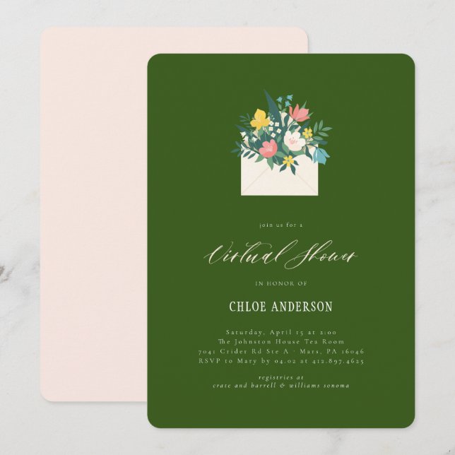 Invitation Fête de l'mariée virtuelle de l'enveloppe florale (Devant / Derrière)