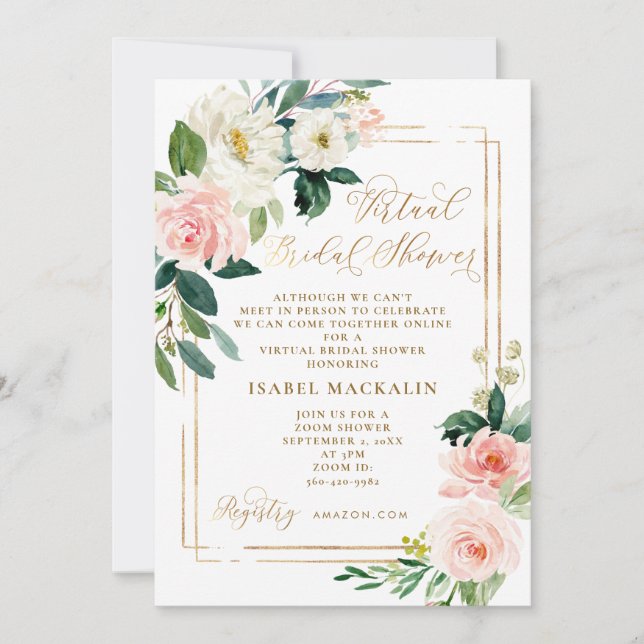 Invitation Fête de l'mariée virtuelle florale à l'aquarelle d (Devant)