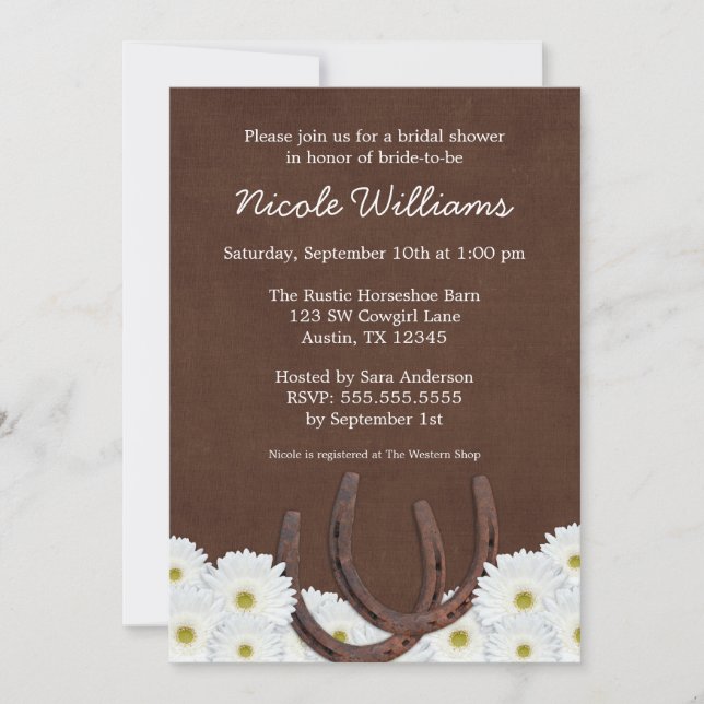 Invitation Fête de l'mariée Western Horseshoe et Daisies (Devant)