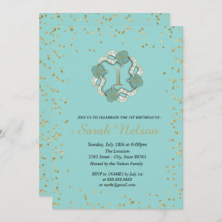 Invitation Fête de Luxe Fleurs Bleues Paillettes Dorées