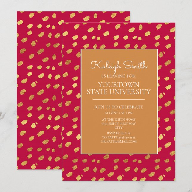 Invitation Fête de malle universitaire Moderne Or et Rouge (Devant / Derrière)