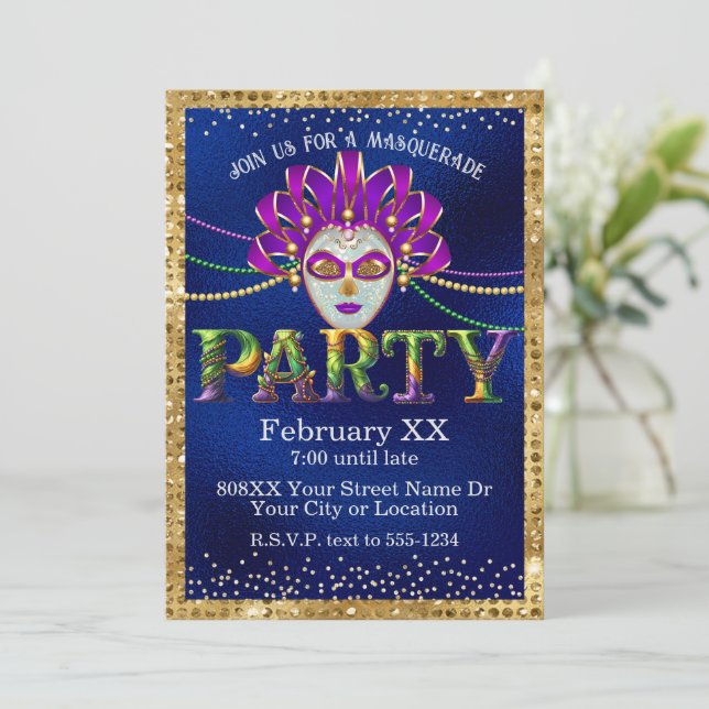 Invitation Fête de Mardi Gras Mascarade Glamour (Debout devant)