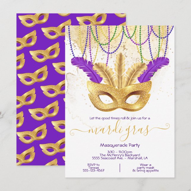 Invitation Fête de Mardi Gras Mascarade Or (Devant / Derrière)