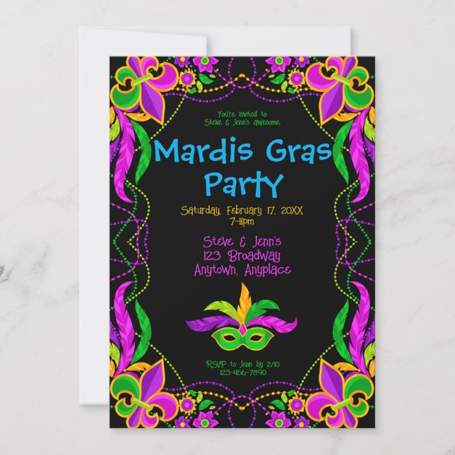 Invitation Fête de Mardi Gras néon brillant (Devant)