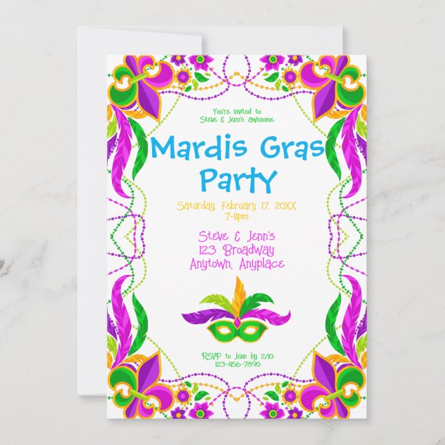 Invitation Fête de Mardi Gras Néon Brillante (Devant)