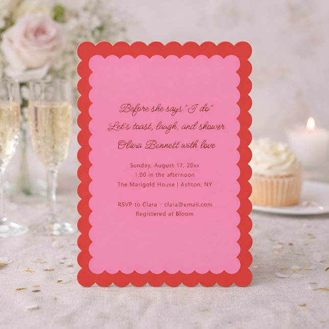 Invitation Fête de mariage à bordure festonnée rose et rouge (Créateur téléchargé)