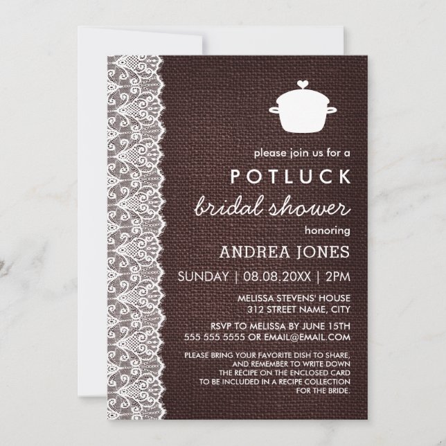 Invitation Fête de mariage à potluck Burlap & Lace (Devant)