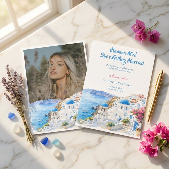 Invitation Fête de mariage à Santorin Grèce aquarelle côtière (Créateur téléchargé)