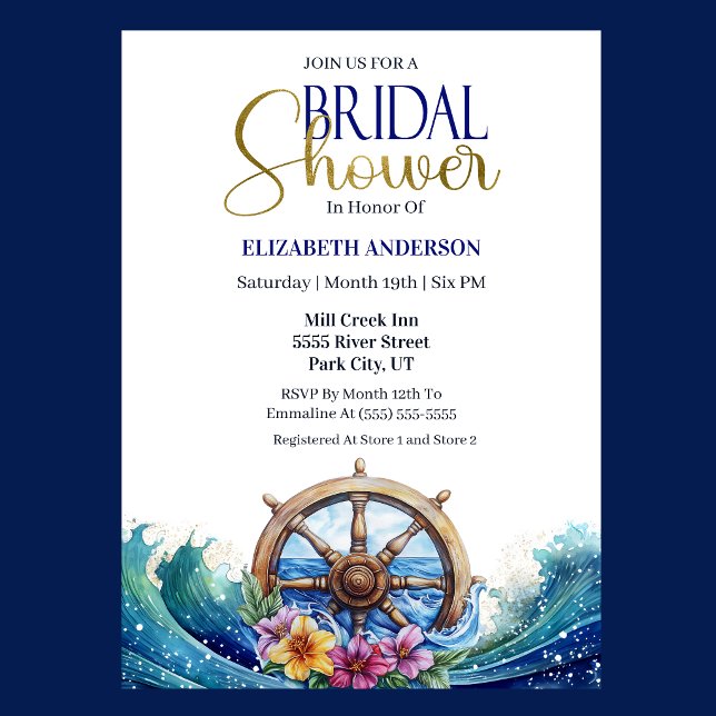 Invitation Fête de Mariage à Thème Voile et Fleurs Tropicales (Nautical Bridal Shower invitation with ship wheel, ocean waves, and tropical flowers )