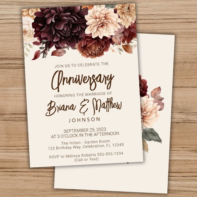 Invitation Fête de mariage anniversaire floral beige marron i (Créateur téléchargé)