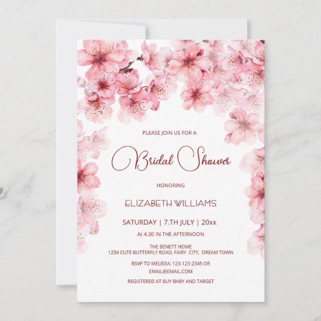 Invitation Fête de mariage aquarelle Cerisier Fleur (Devant)
