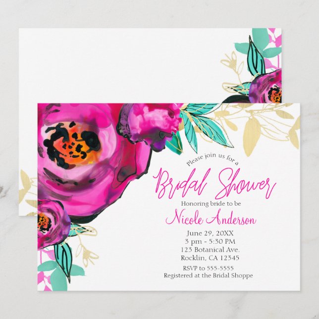 Invitation Fête de mariage aquarelle florale moderne rose gra (Devant / Derrière)