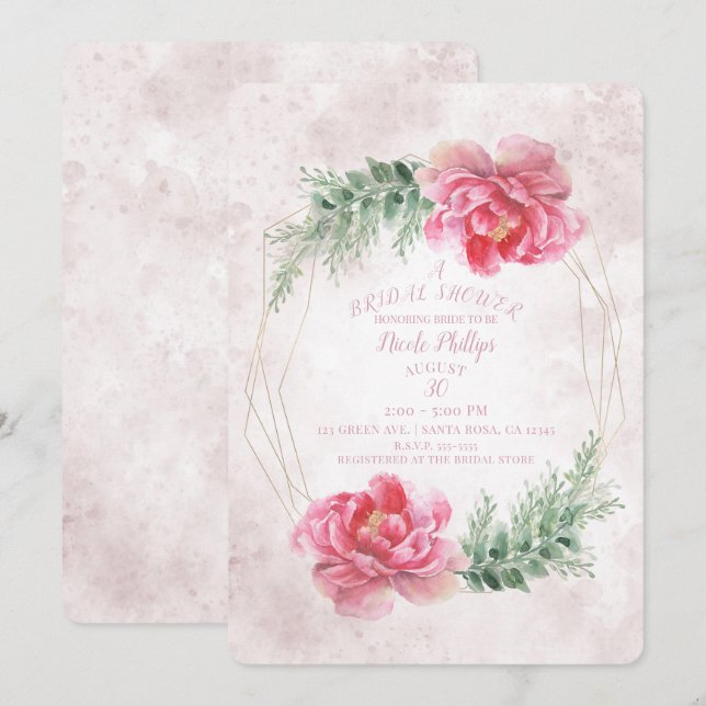 Invitation Fête de mariage aquarelle florale rose blush (Devant / Derrière)