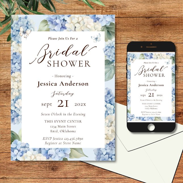 Invitation Fête de mariage aquarelle Hydrangea Bleu Poussiére (Créateur téléchargé)