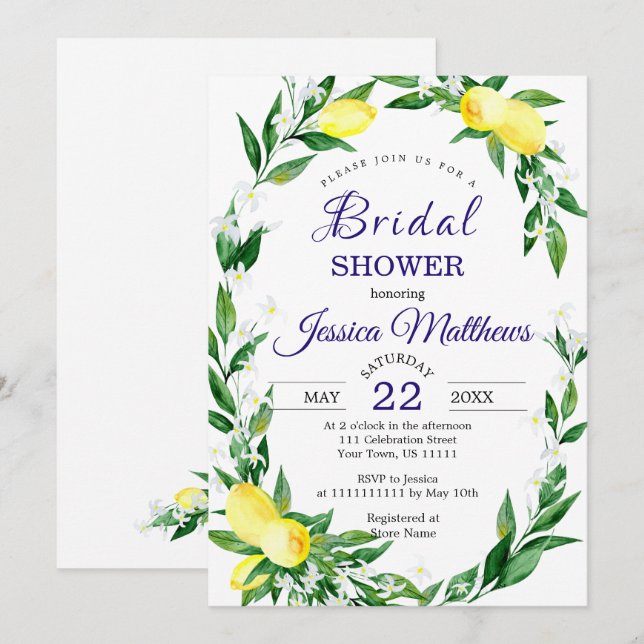 Invitation Fête de mariage aquarelle verdure Citrons Floraiso (Devant / Derrière)