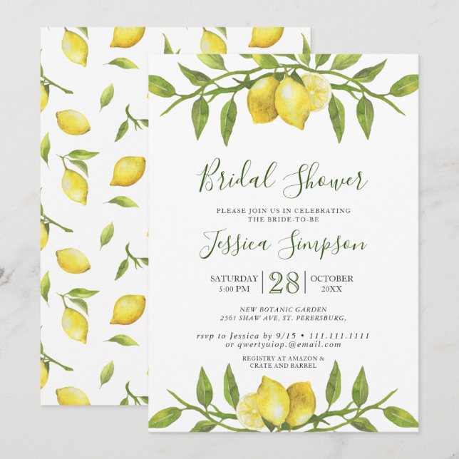 Invitation Fête de mariage aquarelle verdure fleurs de citron (Devant / Derrière)