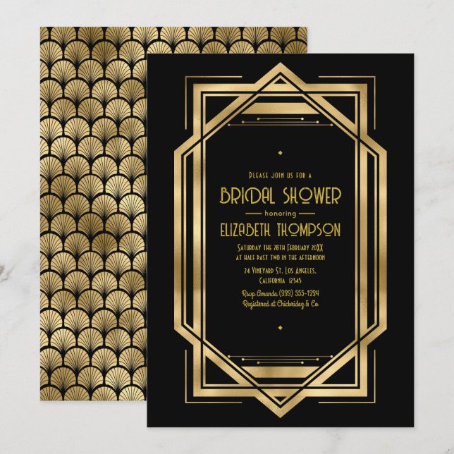 Invitation Fête de mariage Art Déco noir et or (Devant / Derrière)
